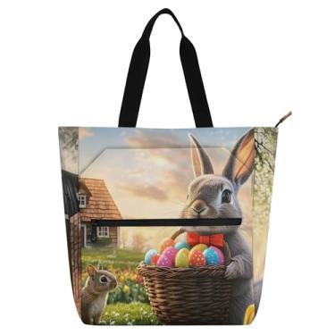 Imagem de Bolsa feminina tulipas cesta de coelhinho da páscoa bolsa de lona para trabalho universitário bolsa bolsa carteiro livro amante presente