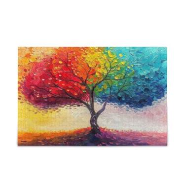 Imagem de Quebra-cabeça de árvore colorida com folhas, quebra-cabeça exclusivo de papel e composto de madeira para adultos com bolsa de armazenamento