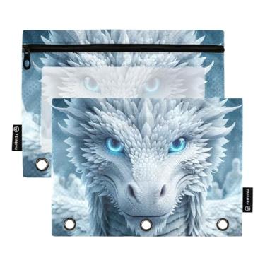 Imagem de GAIGEO Pasta de lápis Majestic White Dragon Ice com 3 anéis, estojo com zíper, fichário, caneta, fichário escolar personalizado, bolsos transparentes para crianças 25 x 18 cm, 2 pacotes