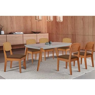 Imagem de Sala Jantar Mesa Havana Tampo c/ Vidro Curvo 180cm+6 Cadeiras Havana Naturale/Off White - Suede Marrom - Rufato