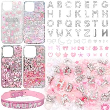 Imagem de 330 peças de amuletos de capa de telefone lixo, 26 peças de berloques de letra do alfabeto de strass A-Z, mistura rosa branco de resina plana laços de flores coração pérolas para artesanato DIY