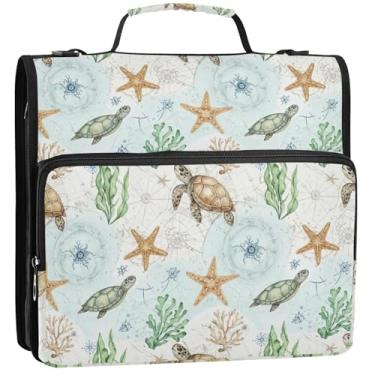 Imagem de Organizador de fichário de tartarugas marinhas em aquarela com zíper de 3,8 cm, 3 anéis, bolsa para fichário com alça para armazenamento escolar, pasta com alça, 34,5 x 31,5 x 9 cm