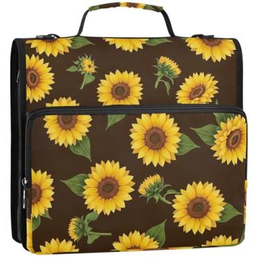 Imagem de Girassóis pretos de 3 anéis de 3 argolas organizador de fichário escolar com alça de ombro pasta de armazenamento floral com alça, 34,5 x 31,5 x 9 cm