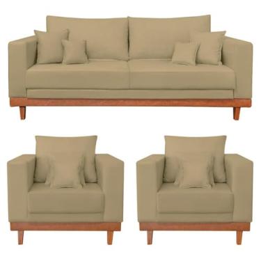 Imagem de Kit 2 Poltronas Living + Sofá 2 Lugares Base Madeira Suede Cor:capuccino