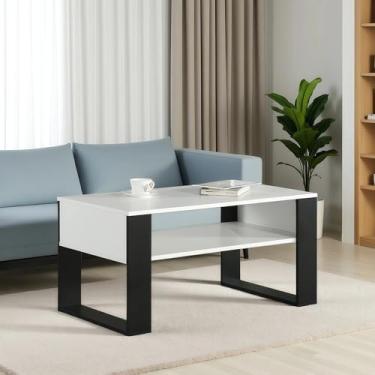 Imagem de CENSI Mesa de centro de madeira de 91 cm para sala de estar, mesa central moderna com prateleira de armazenamento aberta, mesa de coquetel retangular de madeira, L 91 x P 40 x 44 cm (preto/branco)