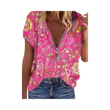 Imagem de Top com zíper impresso para mulheres, manga curta, moda feminina - NON