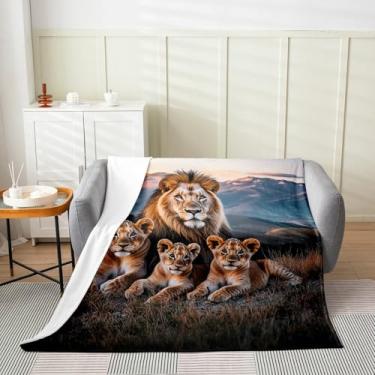 Imagem de Cobertor de cama de família de leão, cobertor de flanela estilo fotografia de animais selvagens africanos para decoração de quarto, cobertor de lã natural com vista do pôr do sol para crianças