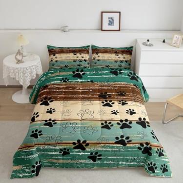 Imagem de Erosebridal Conjunto de edredom Queen com estampa de pata de cachorro, kawaii, patas de cachorro, decoração de quarto de meninos e meninas, vintage, tábuas de madeira, azul-petróleo, marrom, bege