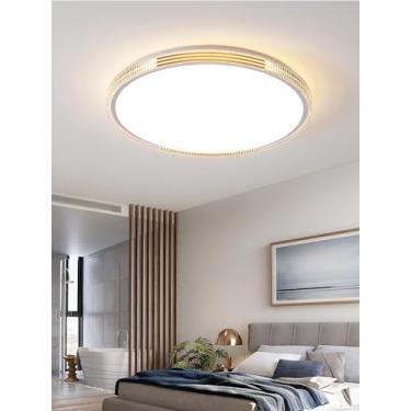 Imagem de Luminária de teto LED com regulagem contínua de intensidade, estilo nórdico, redonda, minimalista e moderna, em metal, para sala de estar, cozinha e sala de jantar (dourada, 50 cm).
