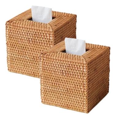 Imagem de Pacote com 2 capas de caixa de lenços de vime natural, suporte de vime quadrado tecido à mão para lenços faciais, porta-guardanapos de vime ideal para banheiro, sala de estar, porta-lenços decorativos