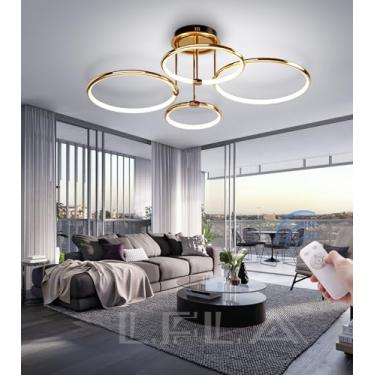 Imagem de Luminária de teto LED moderna e criativa, com design de anel LED regulável, dourada, para sala de estar, com controle remoto, iluminação que protege os olhos, ideal para quarto, quarto de jo