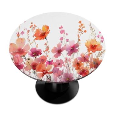 Imagem de Pardick Toalha de mesa redonda ajustada com borda elástica, flor rosa primavera, toalha de mesa redonda, impermeável, limpável, para piquenique, pátio, serve para mesas de até 91 a 106 cm de diâmetro