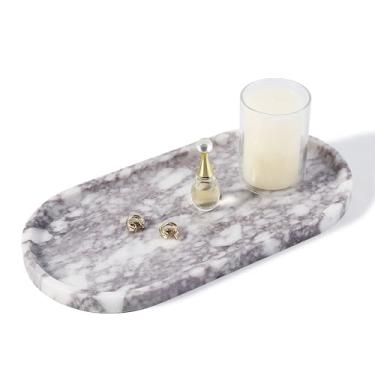Imagem de Koville Bandeja de mármore luxuosa de 30,5 x 15,2 cm, bandeja de mármore de viola Calacatta para banheiro, bandejas de perfume de pedra natural, prato de joias para cômoda, bandeja de armazenamento de