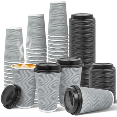 Imagem de Ginkgo Pacote com 100 xícaras de café de papel com tampas, copos quentes descartáveis de parede dupla de 473 ml para bebidas quentes, lattes, copos de viagem, grande, cinza