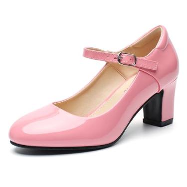 Imagem de Sapato feminino Mary Jane escarpins, salto bloco, bico redondo, tira no tornozelo com fivela, 6 cm escritório igreja sapatos sociais, Rosa envernizado, 39