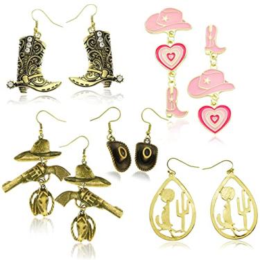 Imagem de 5 pares de brincos de botas de ferradura de caubói ocidental, vintage, estilo rodeio oeste, brincos pendurados, brincos de orelha caída, bijuterias para decoração de fantasia de vaqueira, dourado