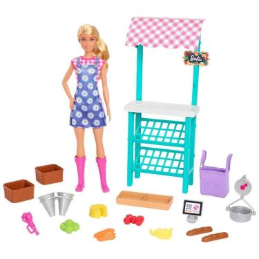Imagem de Playset Mercado de Agricultores com Boneca Loira Barbie, Móveis e Acessórios