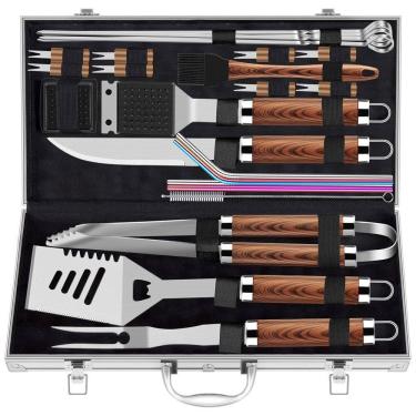 Imagem de Kit Churrasco na Grelha 25 Peças de Aço Inoxidável e Escova de Limpeza com Estojo de zenamento, ROMANTICIST grill accessories, Marrom