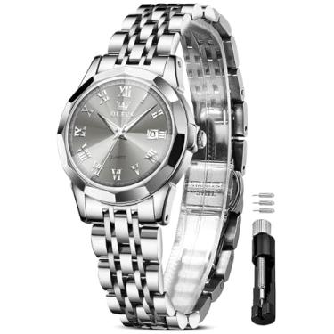 Imagem de OLEVS Relógio feminino de luxo, à prova d'água, prata, analógico, quartzo, aço inoxidável, relógios de pulso casuais para mulheres, rosto pequeno, com data para mulheres, Cinza-L9990, round