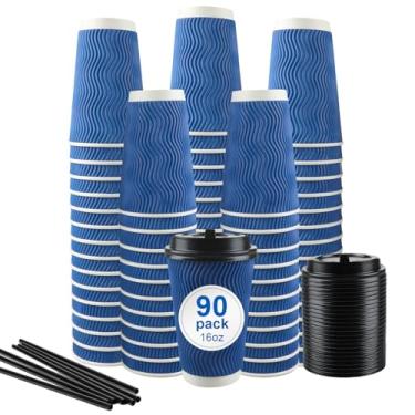 Imagem de RAZCC Copos de café, pacote com 90 copos de papel descartáveis de 473 ml com isolamento azul, copo de parede ondulado kraft ondulado, vem com tampas e canudos Adequado para bebidas quentes e frias