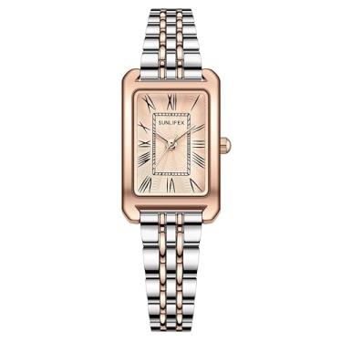Imagem de HUNRUY Relógios femininos vintage com mostrador romano, caixa retangular, prata, à prova d'água, Prata e ouro rosa - bege, Luxuoso