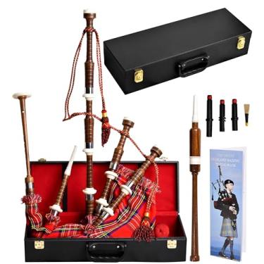 Imagem de Gaita de fole escocesa Highland Redstone – gaita de fole tamanho completo em acabamento jacarandá com suportes simples prateados e livro tutor gratuito em vários tartãs (Royal Stewart Tartan)