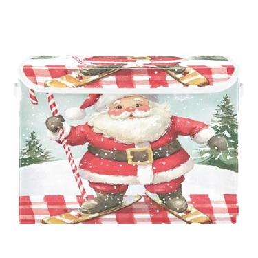 Imagem de SEHANY Linda caixa de armazenamento de Papai Noel de Natal com tampas e alças, organizador de cestas de armazenamento de tecido dobrável, caixas de armazenamento de cubos grandes para roupas, cobertor