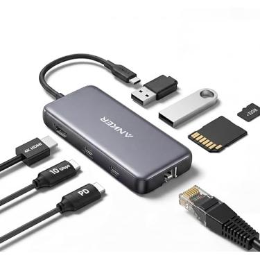 Imagem de Anker Hub USB-C 555 (8 em 1), com Entrega de Energia de 100W, Porta HDMI 4K 60Hz, Portas de Dados USB-C e 2 USB-A de 10Gbps, Ethernet, Leitor de Cartão microSD/SD, para MacBook Pro e mais