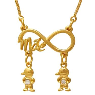 Imagem de Colar de Filhos de Dois Meninos com Escrita Mãe Folheado em Ouro 18K Softjoias
