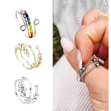 Imagem de AIEDE Conjunto de 3 anéis femininos e masculinos, construção de duas faixas com contas giratórias, alívio de estresse, ansiedade, ouro, prata, arco-íris