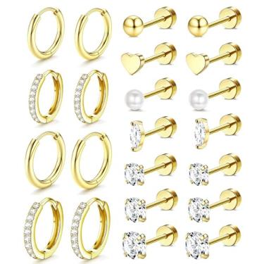 Imagem de Incaton Brincos de argola hipoalergênicos banhados a ouro 14 K para mulheres, aço inoxidável cirúrgico, costas planas, conjunto de brincos de cartilagem para várias joias de piercing, Small, Metal