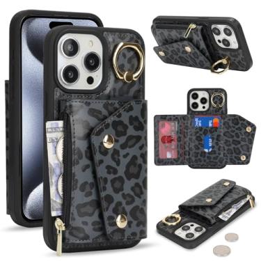 Imagem de Lipvina Capa carteira para iPhone 15 Pro com suporte para cartão - Bolso com zíper, compartimentos para cartão de crédito, bloqueio RFID, anel de suporte, capa de encaixe duplo de couro sintético para