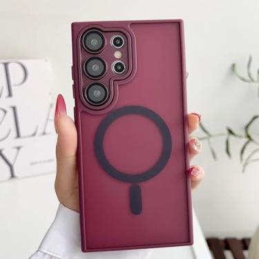 Imagem de HJZSZX Capa traseira rígida com película de metal cinza titânio para S23 com carregamento magnético (para S23/vinho tinto)