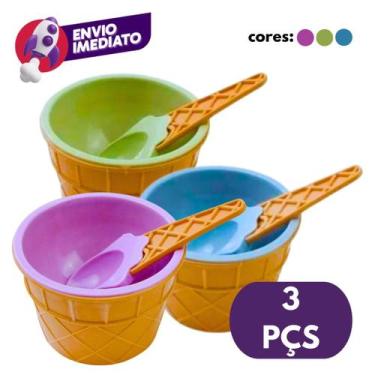 Imagem de Kit Pote Potinho Plástico Colorido Sorvete Sobremesa Açaí Com Colher T