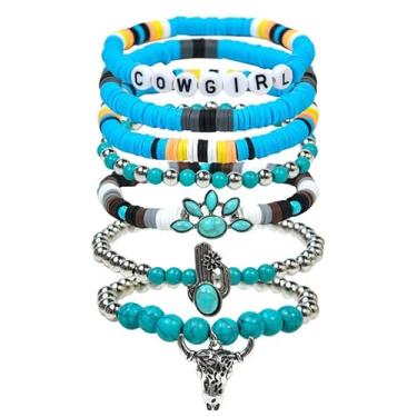 Imagem de Fuqimanman2020 Western Cowgirl Pulseiras elásticas empilháveis para mulheres com contas Heishi Howdy Rodeo chapéu cowboy botas Y2K Party Bohemian Jewelry, Medium, Metal de zinco heishi, Sem Pedra