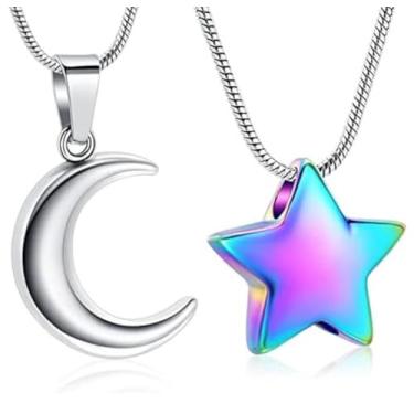 Imagem de mingkejw Colar de urna de estrela da lua pequena para cinzas, joia de cremação para mulheres e homens, colar memorial de aço inoxidável, suporte de cinzas para animais de estimação humanos, joia de