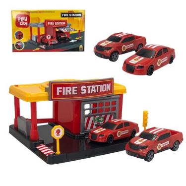Imagem de Play City Estação de Bombeiro Fire Station com 2 Carrinhos, Vermelho e Amarelo, Polipropileno, Brinquedo Infantil