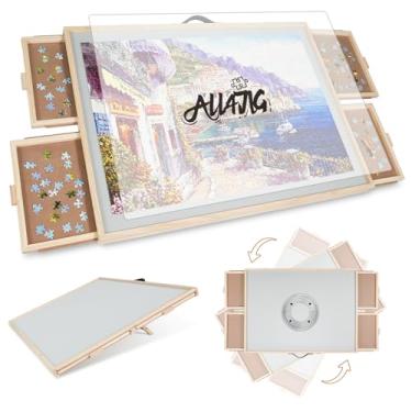 Imagem de ALL4JIG Quadro de quebra-cabeça inclinável e giratório 2 em 1 para presentes de adultos, mesa de quebra-cabeça de madeira com 4 gavetas, placa portátil com Susan preguiçosa e capa, 64 cm x 86 cm para