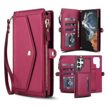 Imagem de Capa carteira para Samsung Galaxy S23 Ultra, capa flip magnética destacável com compartimentos para cartões, bloqueio RFID, suporte e alça de pulso, capa protetora para celular (magenta)