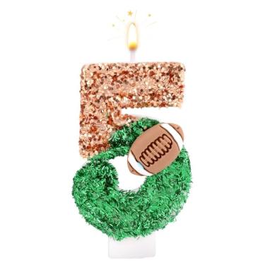 Imagem de Vela de Aniversário Número Futebol, Topo Bolo com Glitter Marrom e Verde Tema Rúgbi para Decoração Festa Aniversário Tema Esportivo (Número 5)