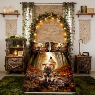 Imagem de Jogo de lençol solteiro infantil ocidental para meninos e meninas, decoração de quarto de cordeiro cordeiro, versículo espiritual da Bíblia, marrom, 1 fronha (não plana)