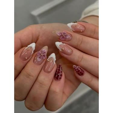 Imagem de Conjunto de 24 peças elegantes vintage roxo ondulado 3D floral francês pontilhado dourado pérola em forma de amêndoa unhas de pressão