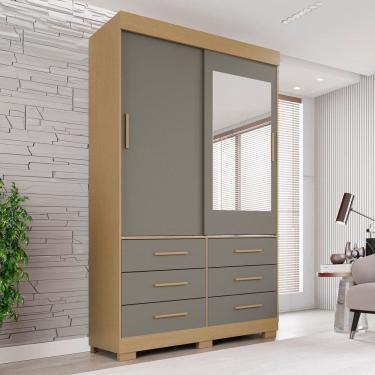 Imagem de Guarda-roupa com Pés e Espelho 2 Portas 6 Gavetas Luana Jequitibá/Granizo