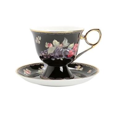 Imagem de Conjunto de xícaras e pires de café escandinavos modernos britânicos requintados de alta qualidade xícaras de chá pretas luxuosas de osso chávenas de chá com flores chinesas (preto)