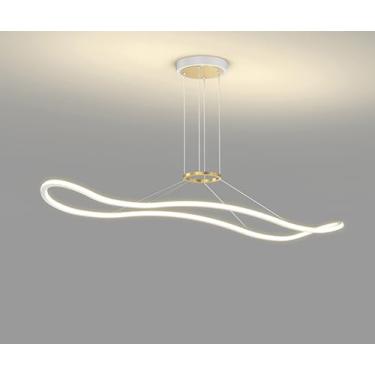 Imagem de Lustre pendente LED moderno com design ondulado para mesa de jantar, com controle remoto e altura ajustável, ideal para sala de jantar e escritório (branco e dourado, 120 cm de comprimento).