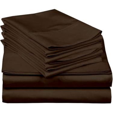 Imagem de Jogo de lençol King de 6 peças, 600 fios, lençóis de algodão egípcio, 6 peças, conjunto de lençóis King Size, coleção de hotéis, coleção de luxo, roupa de cama, 6 peças, chocolate, liso, para colchão de até 46 cm, bolso profundo