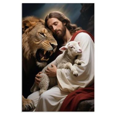 Imagem de Arte de parede cristã Jesus Leão e Cordeiro Imagens Inspiradoras Decoração de Parede Religiosa Impressão em Tela Presentes para Igreja Sala de Estar Escritório Decoração de Casa 100 x 70 cm Pôster