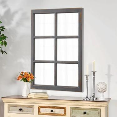 Imagem de Sintosin Espelho de vidraça de fazenda 61 x 91 cm, moldura de madeira envelhecida retangular espelho cinza, espelhos de janela cinza rústico para decoração de parede sala de estar corredor cozinha