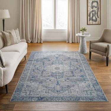 Imagem de Bloom Rugs Tapete lavável antiderrapante 1,2 m x 1,8 m - Tapete de área persa tradicional azul/cinza para sala de estar, quarto, sala de jantar e cozinha - Tamanho exato: 1,2 x 1,8 m
