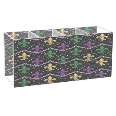 Imagem de CEBUGI Porta-lápis de acrílico transparente com 4 compartimentos, organizador de pincéis de maquiagem com estampa flor-de-lis para armazenamento em mesa de escritório em casa